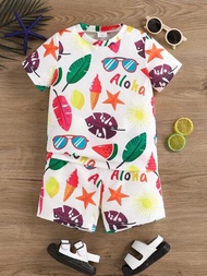 青少年男孩夏季葉子印花太陽眼鏡水果圖案t恤和短褲套裝,適合休閒穿搭