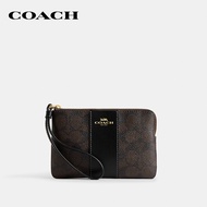 COACH กระเป๋าคล้องมือขนาดเล็กผู้หญิงรุ่น Corner Zip Wristlet In Signature Canvas With Stripe CW854 I