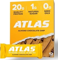 Atlas Protein Bar, 20g Protein, 1g Sugar, Clean Ingredients, Gluten Free (Almond Chocolate Chip, 12 