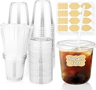 50 Sets 12 oz Clear Plastic Cups with Lids and Straws, Round Bottom Disposable Ice Coffee Cups, PET 