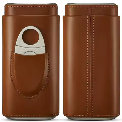 Cigar case cedar wood lined - cigar travel case cigar cutter humidor case (Brown)