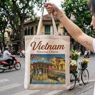 Moc canvas tote bag printed with Vietnam Timeless Charm Hoi An travel vintage color painting a-tota0