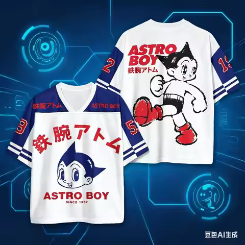 Astro Boy Osamu Tezuka #52 Oversize Boxy Jersey V-Neck Short Sleeve Anime T-Shirt Streetwear Casual 
