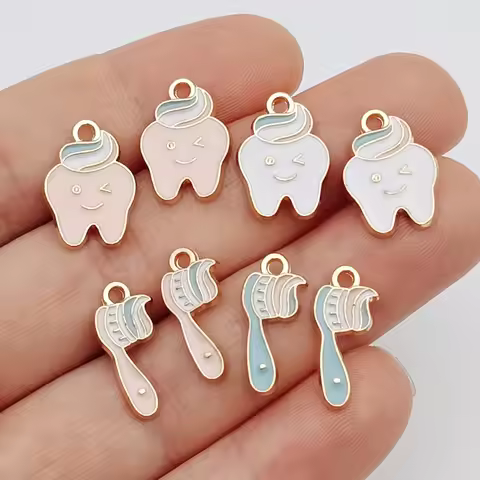 16pcs Cartoon Cute KC Gold Color Enamel Tooth Toothbrush Charms Pendant Designer Charms Fit Jewelry 