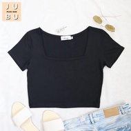 พร้อมส่ง🍒เสื้อครอปคอเหลี่ยมแขนสั้น เสื้อ ครอป  เสื้อสาวอวบ เสื้อคอเหลี่ยม เสื้อยืด #487