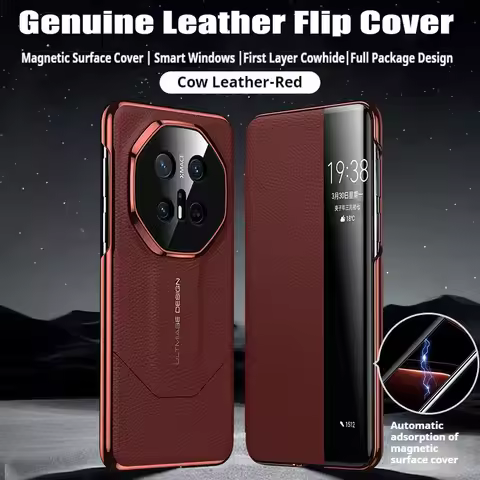 Genuine Leather Flip Cover Case For HUAWEI Mate 70 Pro RS Mate 60 Smart View Wake Sleep Call ID Disp