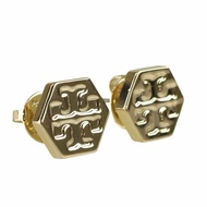 快速出貨！【TORY BURCH】六角形壓印雙T-LOGO造型耳環-金色