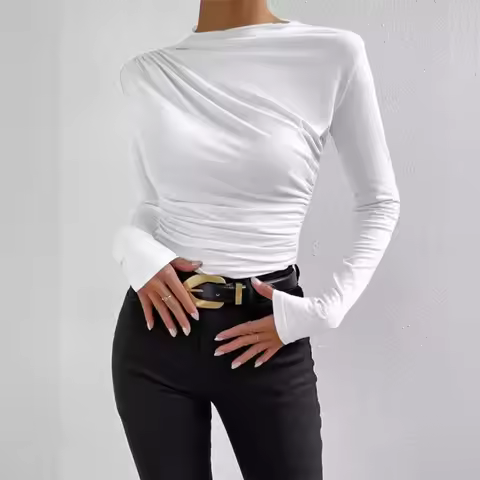 Women O-Neck Long Sleeve Basic Tops Casual Female Pleated Bottoming Shirts NMD-3012
