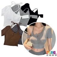 L10882 Fixed Cup~Halter Neck Slanted Shoulder Double Button Short-Sleeved Styling Top Elastic Slim-f