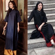 Mysterious Black Brocade Ao Dai - Ancient Straight Ao Dai Designed in Luxurious 2P Collar Silk Broca