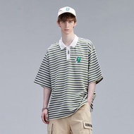 綠色條紋短袖POLO衫 男士刺繡T恤