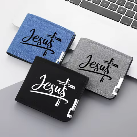 Men's Ultra Slim Bifold Wallet Canvas Fabric Jesus Cross Print Credit Card Holder Portable Pocket Pu