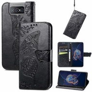 全城熱賣 - 適用於華碩 Zenfone 8 Flip 蝶戀花壓花左右翻蓋皮套帶支架/掛繩/卡槽/錢包PU+TPU手機皮套（黑色）