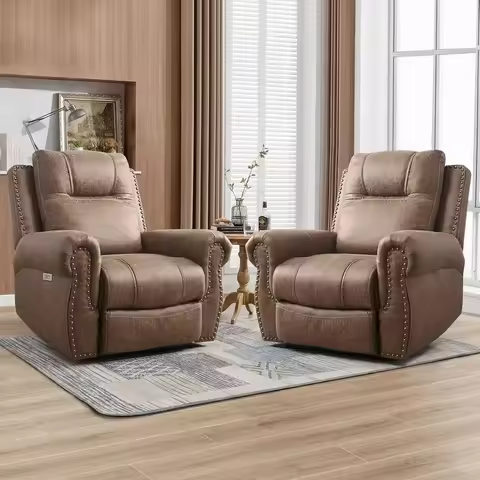 Oversized Leather Power Reclining Sofa Set with USB Ports for Living Room, Nut Brown