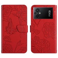 全城熱賣 - 適用於小米 Poco M5 4G/5G/M4 5G HT03 膚感蝴蝶壓花手機皮套（紅色）
