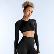DFYNE Women's Short Top - Round Neck, Long Sleeves, Hollow Back Design | Yoga Wear, Highly Elastic