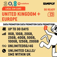 SIMPLY  UK/Europe 30 Days | 3UK, O2, Vodafone, EE | Total 10GB - 200GB Data | Unlimited 5G/4G | Loca