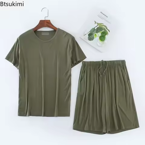 2026 Men's Summer Casual Sleepwear Sets Solid HomeWear Suits 2PCS Modal T-shirt and Shorts Oversized