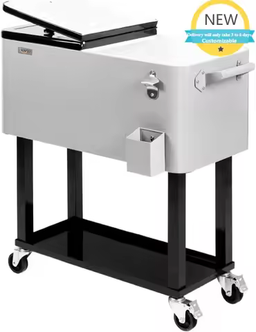 80QT Rolling Ice Chest Cooler Cart with Wheels, Patio Party Drink Cart, Bottle Opener, Portable Beve