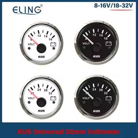 KUS 52mm Car Boat Battery Voltage Gauge 8-16V 18-32V 9-32V Voltmeter Voltage Indicator Red Yellow Ba