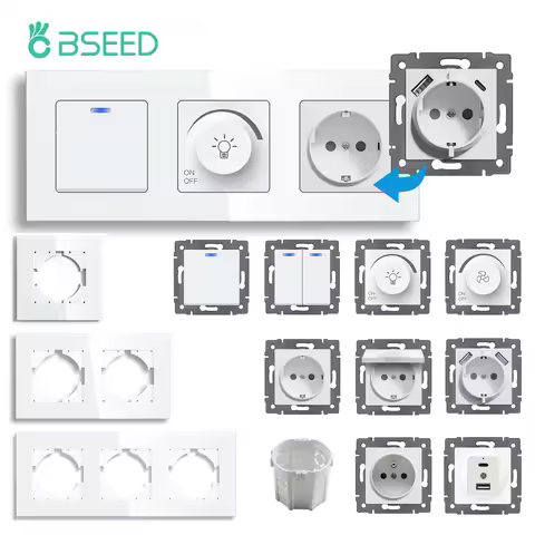BSEED Wall Light Switch 1/2Gang 1/2Way USB Type-C Wall Socket Module Part Only Glass Panel DIY Funct