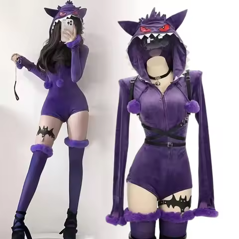 Meowcos Women Genga Cosplay Costume Halloween Purple Ghost Romper Bodysuit Plush Hooded and Socks wi