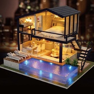 DIY Miniature Wooden Villa with Swimming Pool Assembling Doll House Model Kits Toy Gift