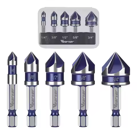 5PCS Countersink Drill Bit Set HSS 5 Flute Chamfer Bits 1/4" Hex Shank 82 Degree Woodworking Tools f