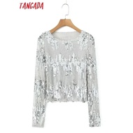 Tangada 2023 Women Beading Decorate Party Shirt Long Sleeve Female Crop Blouse 8H03