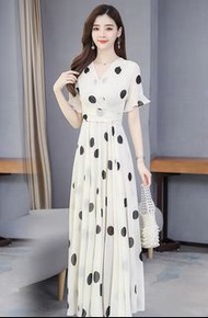 Forever21 法式氣質收腰超長波點連衣M