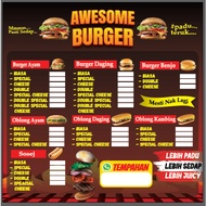 STIKER MENU BURGER FIRE SMOKE CHARGRILL BACKGROUND WITH SELF FILL PRICE TAG