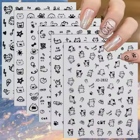 3/6/12 Sheets 3D Cute Cat Nail Stickers Black White Cartoon Animal Paw Fish Bone Self Adhesive Nail 