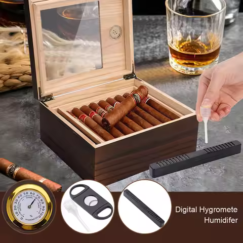 Cigar Wooden Humidor Glass Top with Hygrometer Divider Cigar-specific box Household Wood Storage Cas