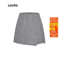 Lovito Casual Plaid Split Front Zipper High Waist Culottes Shorts for Women L53AD076 (Houndstooth/Plaid) Lovito Celana Pendek Kulot Kotak-Kotak Pinggang Tinggi Ritsleting Belahan Depan Kasual untuk Wanita