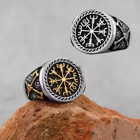Vintage Viking Stainless Steel Compass Ring Men's Viking Valknut Axe Ring Punk Odin Rune Gold Color 