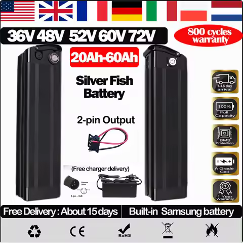 52v SilverFish Lithium Bike Battery 48 Volt 30ah Batterie Vélo 36v 13Ah Duotts S26 Battery 60v72v 20