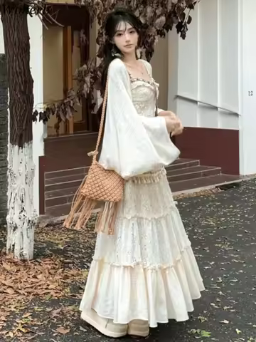3 Piece Sets Womens Outfits Roupas Y2K Batwing Sleeve Cardigan Sweet Bandage Tassels Vest Lace Patch