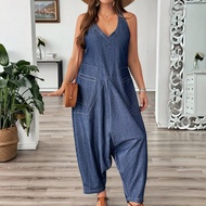 Plus Size Women's Harem Wide Leg Loose Casual Halter Jumpsuit Denim Overalls Jumpsuits For Woman Rom