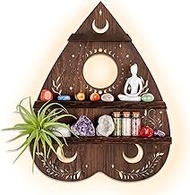 Planchette Crystal Wall Shelf Display for Stone, Ouija Vintage Pagan Crystal Holder Art Decor with Light, Wooden Dark Wiccan Gem Storage for Bohemian Home, Boho Aesthetic Organizer for Wicca Altar