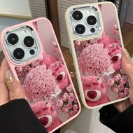 Beautiful Rose Strawberry Bear Phone Case Compatible for IPhone 11 12 13 Pro 14 15 7 8 Plus SE 2020 XR X XS Max TPU Soft Casing Metal Lens Protector Large Hole Frame