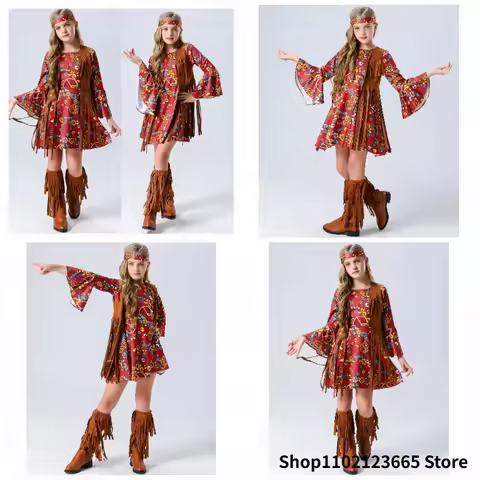 New Hippie Cosplay Costume Enfant Concert Rock Hippie Costumes Set Halloween Carnival Party Tassels 