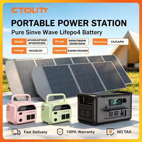 CTOLITY 500W 1800W Power Outage Supplies with SP100/SP200 Solar Panel, 1024Wh 345Wh Portable Solar G