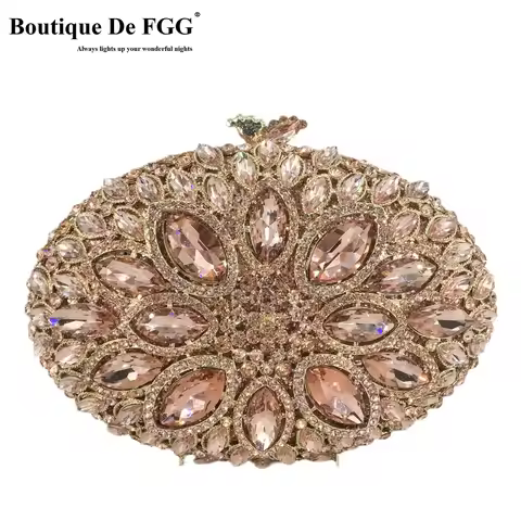 Boutique De FGG Champagne Rosegold Women Evening Clutch Bags Wedding Party Rhinestone Purses Bridal 