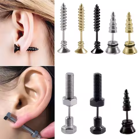 Pair Stainless Steel Nail Screw Piercing Stud Earrings Unisex Punk Rock Piercing Jewelry Nut Screw S