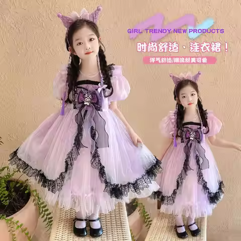 Kuromi Girls Gauze Skirt Spring Summer New Princess Dress E Kawaii Cartoon Splicing Mesh Skirt Lolit