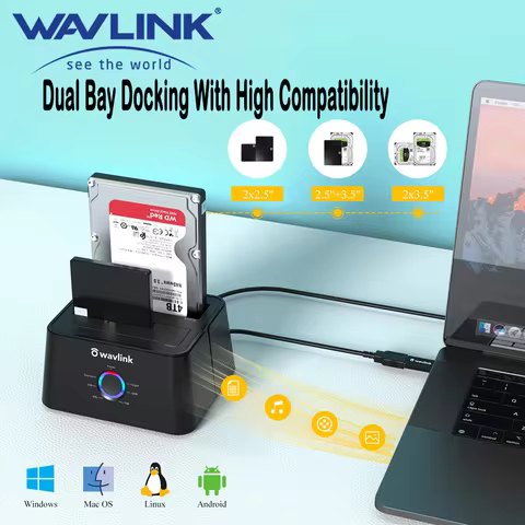 Wavlink USB 3.0 to SATA I/II/III Dual Bay Hard Drive Docking Station For 2.5/3.5inch HDD/SSD Duplica