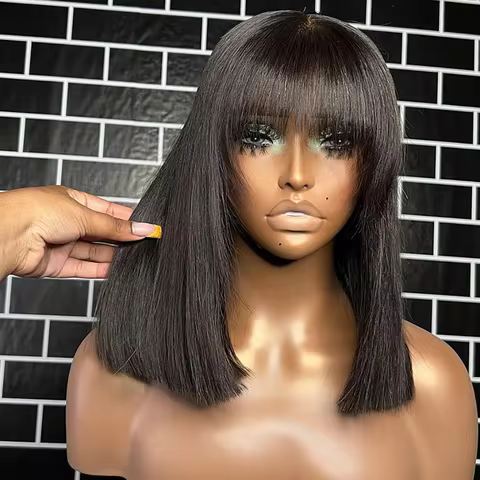 Short Human Hair Wigs For Women Straight BOB Wig With Bangs Human Hair 8-14" Cheap Wig 99J/Brown/Nat
