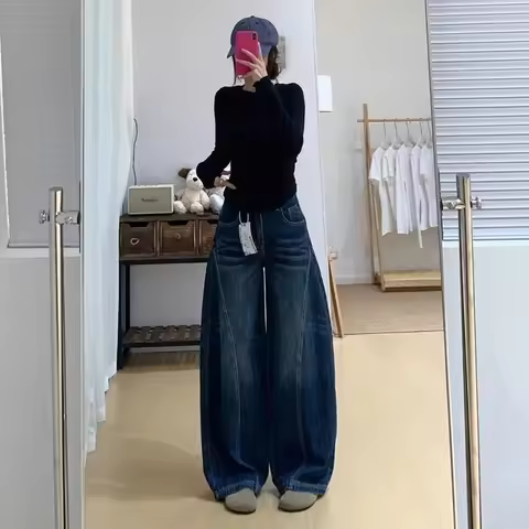 Y2k Womens Jeans Loose Fit Straight Leg Wide Trousers Baggy Denim Pants Casual Streetwear High Waist