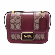 【COACH】SIGNATURE織布拼接皮革蛇皮紋LOGO按釦斜背包-卡其酒紅