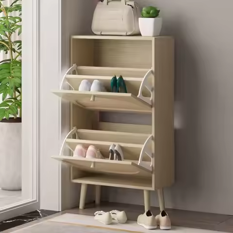 shoe cabinet with 2 flip drawers, 2 tier freestanding organizer, rattan storage cupboard for entrywa
